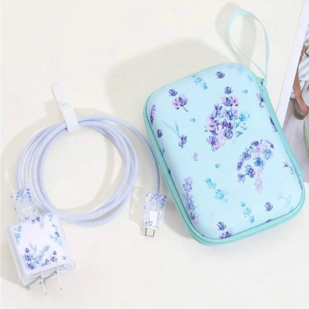 6pcs Floral Pattern TPU Data Cable Protector & Charger Head Cover & Storage Bag